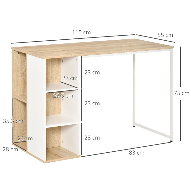 HOMCOM Bureau Informatique multimédia - dim. 115L x 55l x 75H cm - 3 étagères latérales - Panneaux Particules chêne Clair Blanc métal