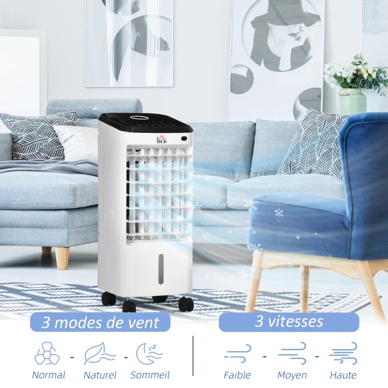 HOMCOM Refroidisseur d'air ventilateur humidificateur 3 en 1 sur roulettes télécommande 3 modes 3 vitesses minuterie blanc