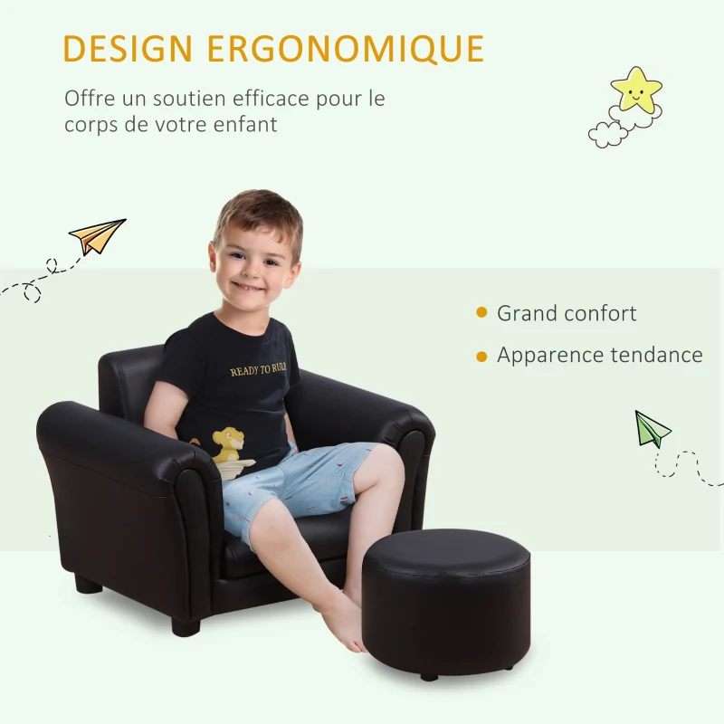 HOMCOM Ensemble Fauteuil et Pouf Enfant Style Contemporain Structure Bois revêtement synthétique PVC Noir