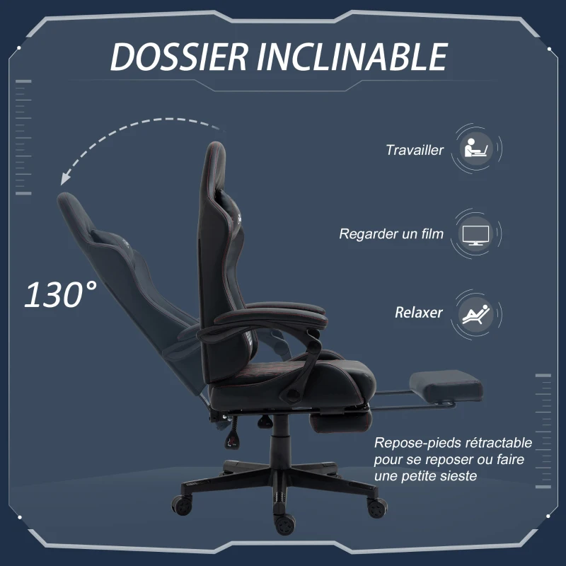 Vinsetto Racing gaming chaise de bureau ergonomique réglable en hauteur avec dossier réglable repose-pieds rétractable 66 x 65 x 122 cm noir et rouge