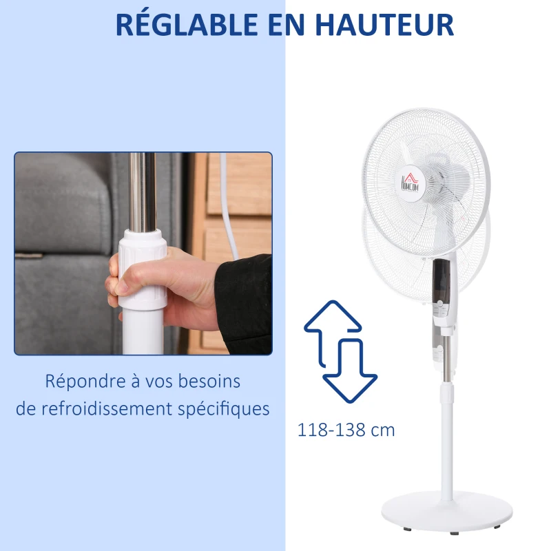 HOMCOM Ventilateur sur pied hauteur réglable oscillant 85° 3 vitesses 50 W avec écran LED télécommande minuterie Ø 42 cm blanc