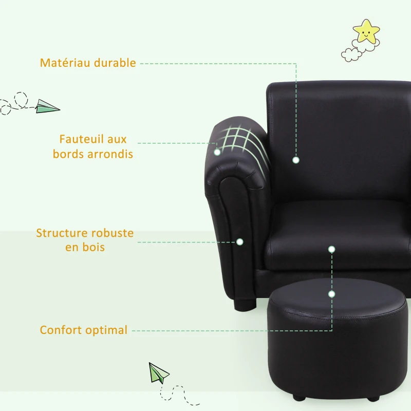 HOMCOM Ensemble Fauteuil et Pouf Enfant Style Contemporain Structure Bois revêtement synthétique PVC Noir