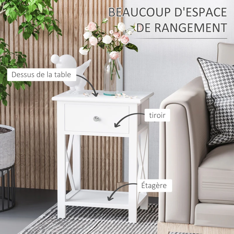 HOMCOM Table de Chevet Table d'appoint Bout de canapé Table de Nuit avec un tiroir et étagère en Bois Blanc