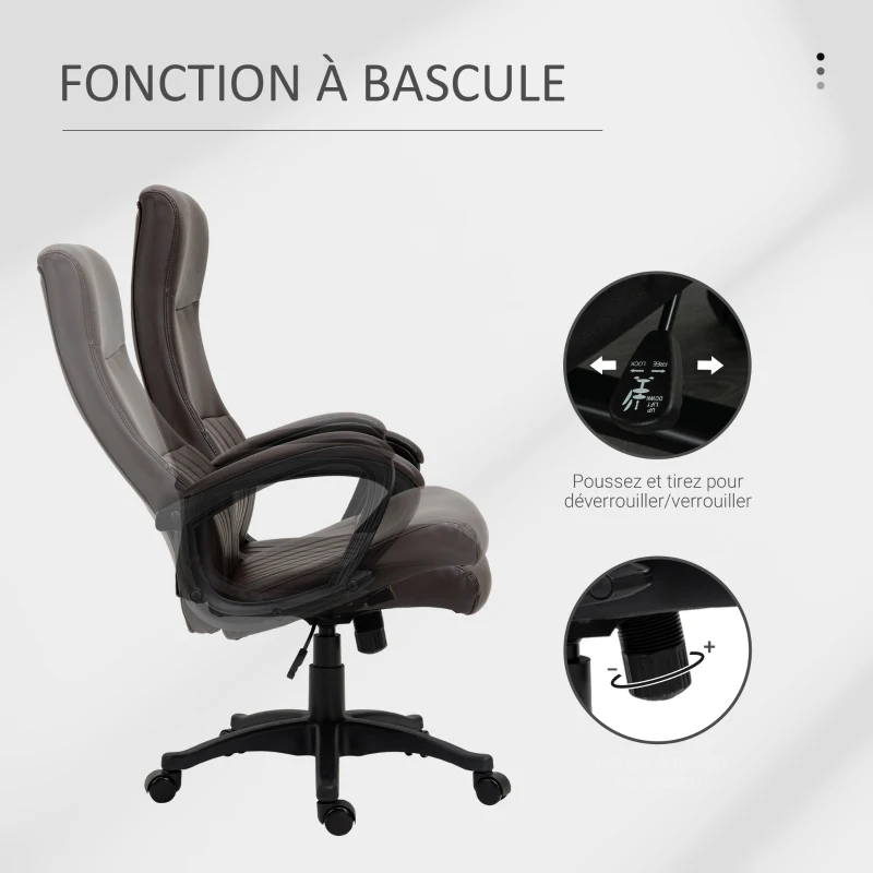 Vinsetto Fauteuil de bureau chaise de bureau ergonomique assise rembourré dossier haut pivotant à 360° réglable en hauteur simili cuir marron