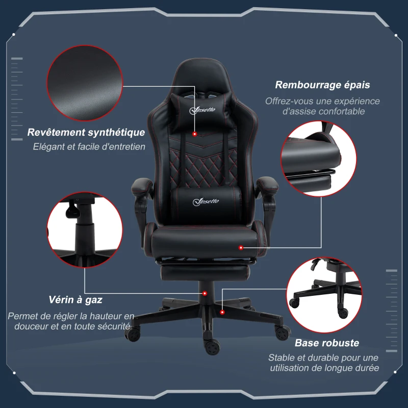 Vinsetto Racing gaming chaise de bureau ergonomique réglable en hauteur avec dossier réglable repose-pieds rétractable 66 x 65 x 122 cm noir et rouge