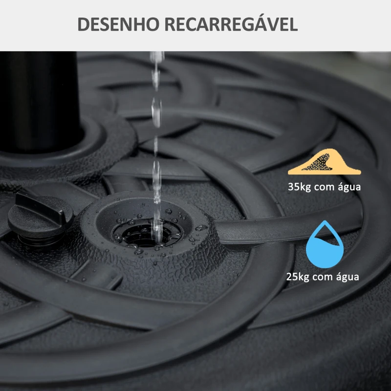 Outsunny Base para Chapéu de Sol de PE Redonda Apto para Mastros de 38mm/48mm Preenchível com Areia 35kg e Água 25L Ø56x30,5cm Preto