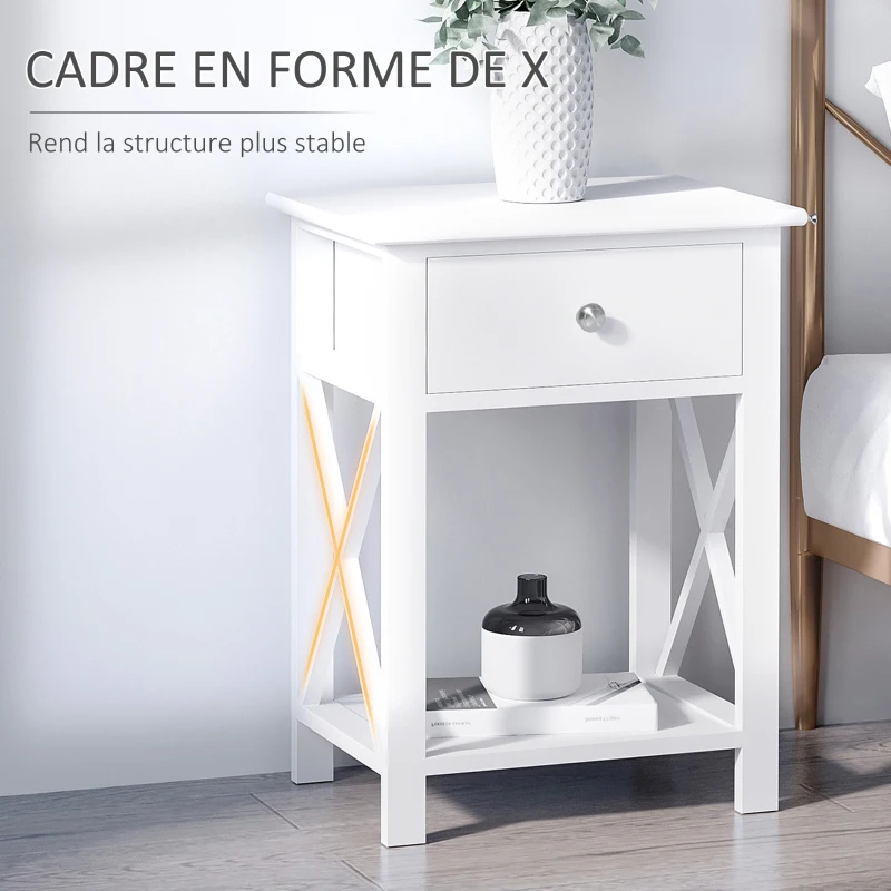 HOMCOM Table de Chevet Table d'appoint Bout de canapé Table de Nuit avec un tiroir et étagère en Bois Blanc