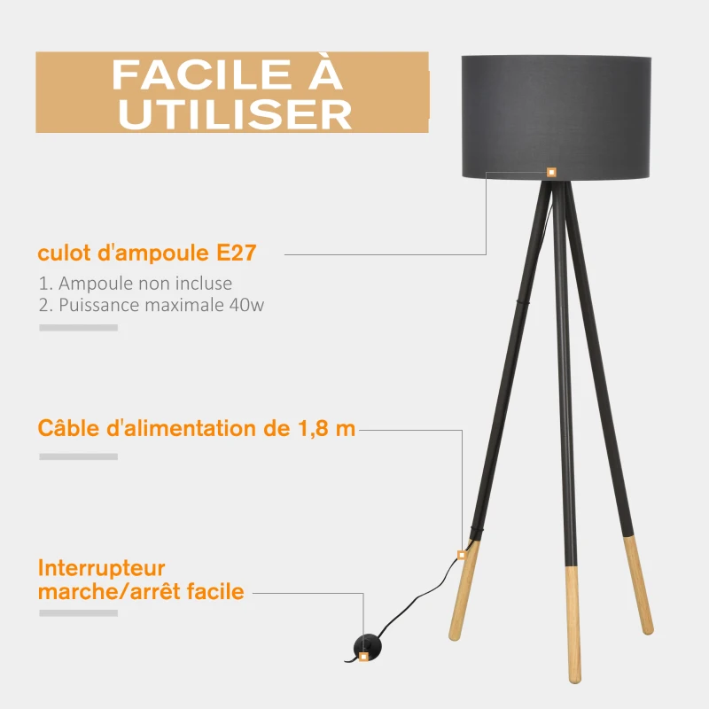 HOMCOM Lampadaire trépied style scandinave bois de caoutchouc gris dim. 52L x 52l x H153 cm
