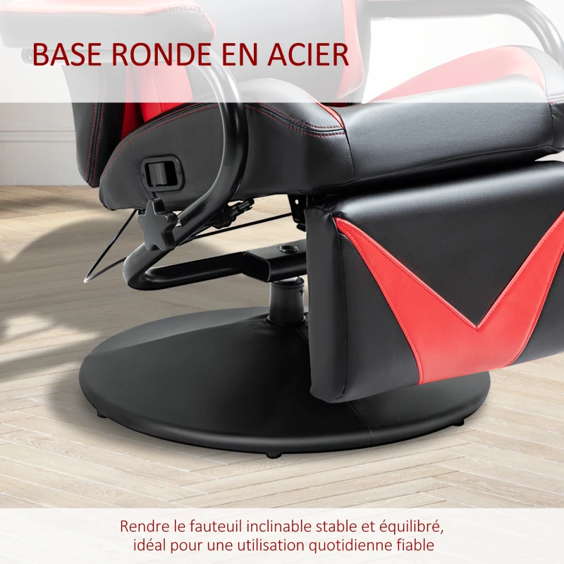 HOMCOM Fauteuil Gaming fauteuil de relax inclinable pivotant avec Repose-Pied rétractable - Coussins lombaires, tétière Inclus - revêtement synthétique Rouge Noir
