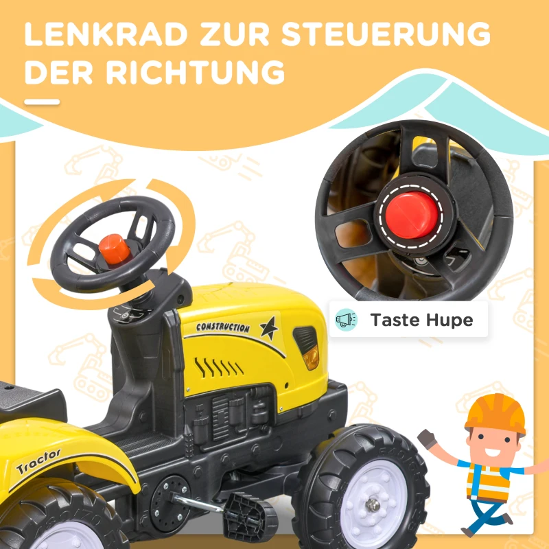 HOMCOM Pedaaltractor met aanhanger, gereedschap, claxon, voor kinderen van 3 jaar en ouder, metalen frame, zwart/geel, 133 x 42 x 51 cm