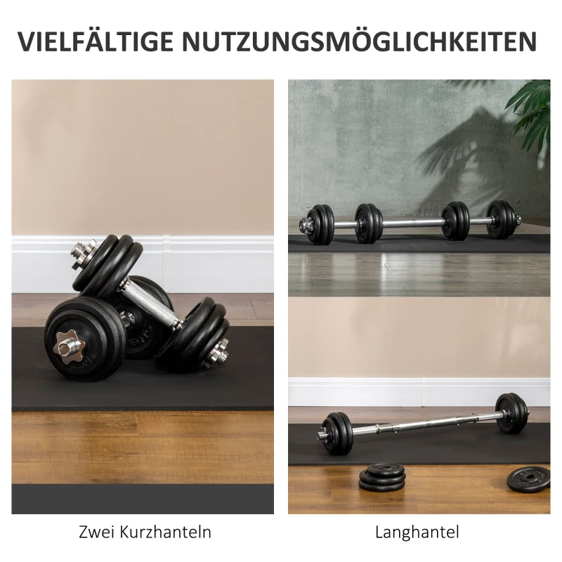 HOMCOM Hantelset 30 kg, Langhantel & Kurzhantel, 12 Hantelscheiben, für Krafttraining, Fitness, schwarz