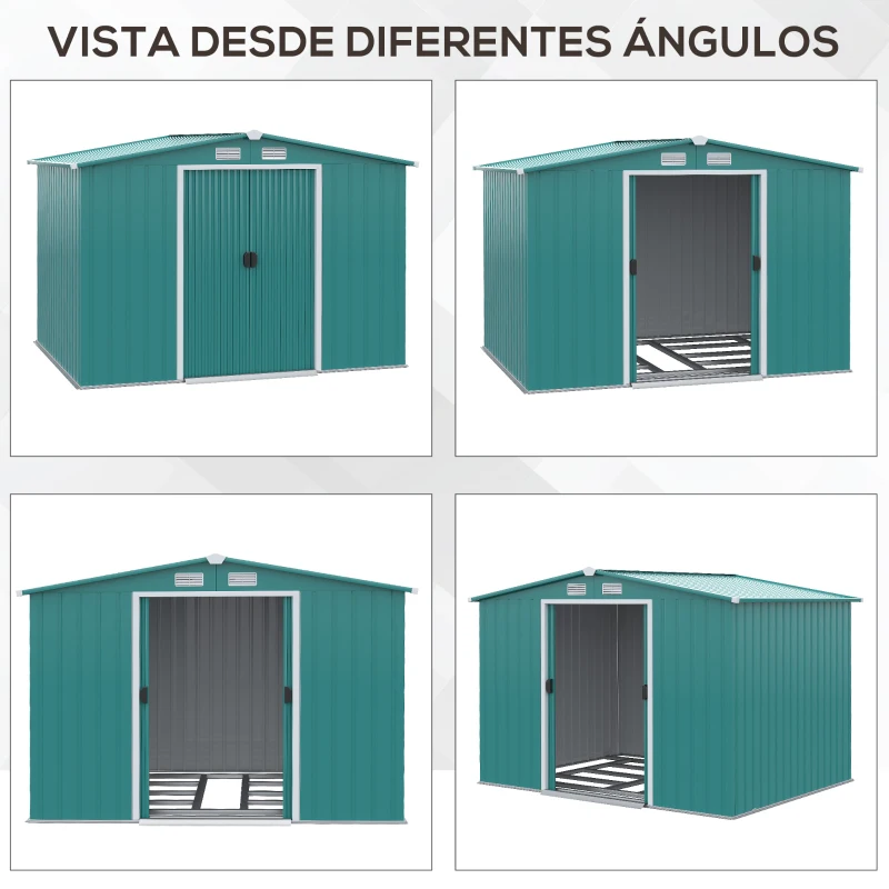 Outsunny  Caseta de Jardín con Puertas Correderas para Almacenamiento de Herramientas de Jardinería 260x206x179 cm Verde