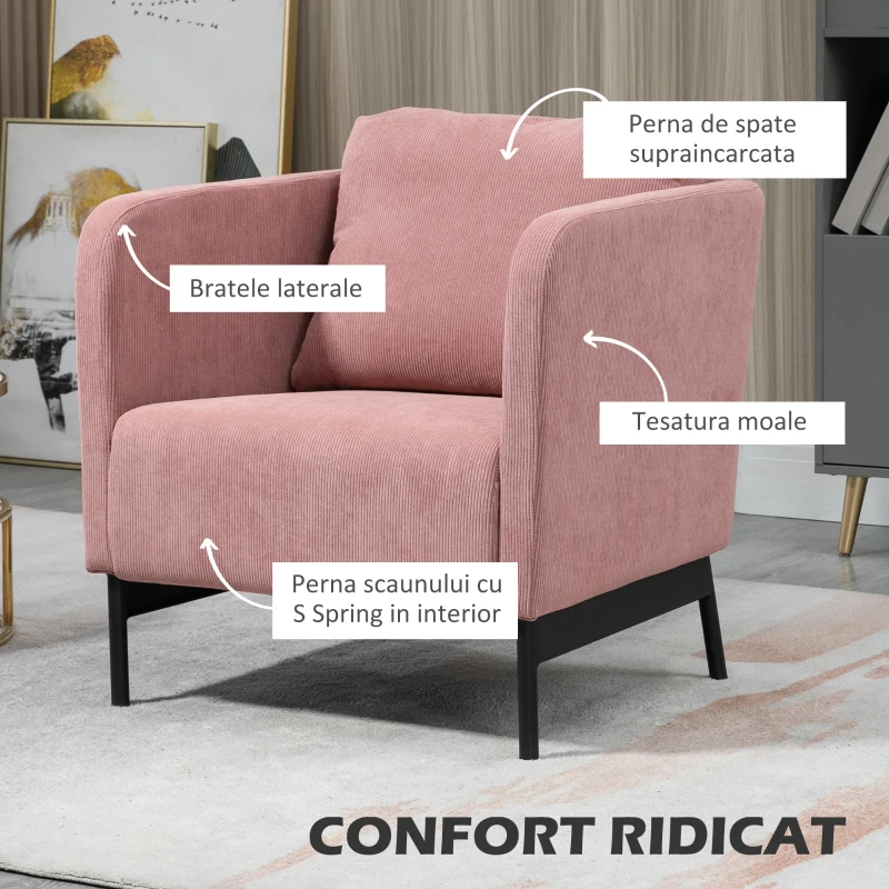 HOMCOM Fotoliu, Fotoliu modern pentru semineu, Fotoliu accent tapitat cu picioare din otel pentru sufragerie, dormitor, biroul de acasa, roz