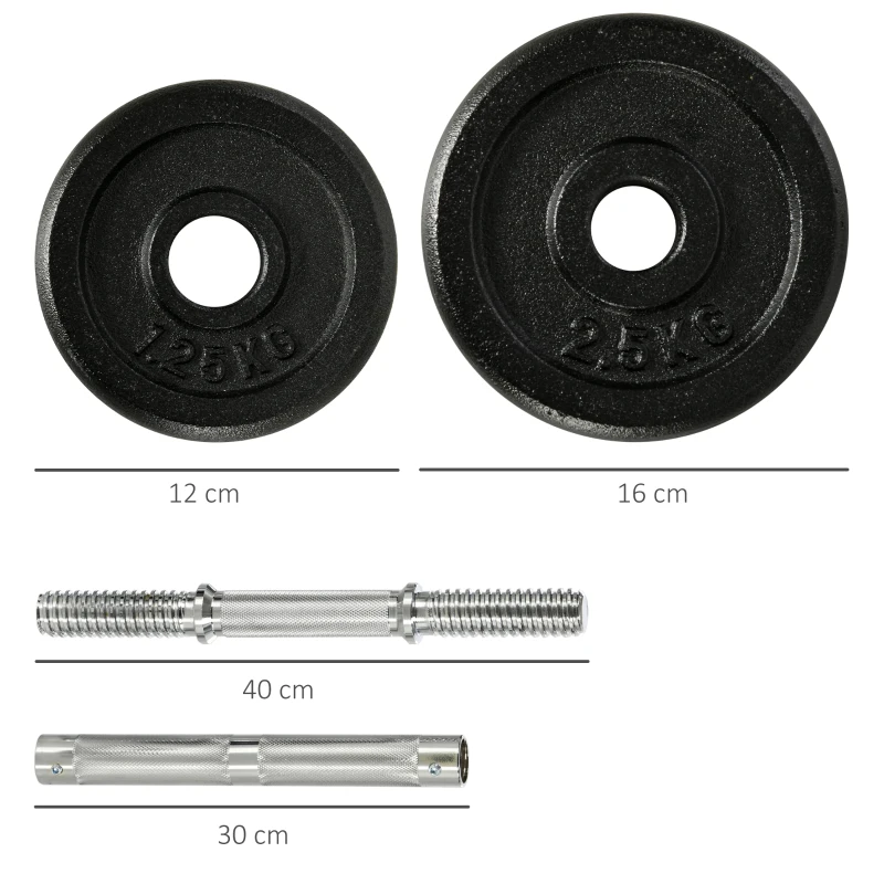 HOMCOM Hantelset 30 kg, Langhantel & Kurzhantel, 12 Hantelscheiben, für Krafttraining, Fitness, schwarz