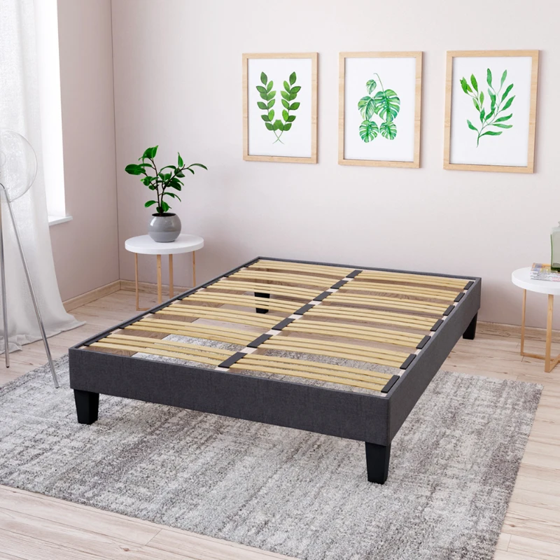 HOMCOM Sommier à lattes apparentes 140x190 avec 4 pieds - 48 lattes - revêtement tissu gris anthracite - technologie tri-lattes