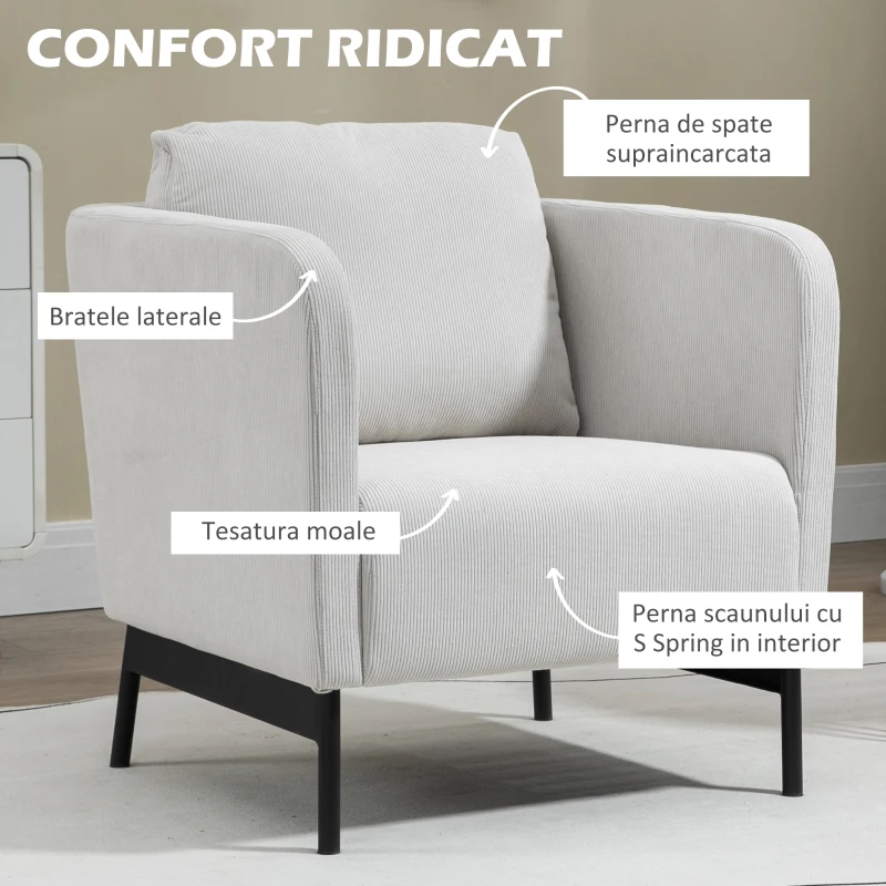 HOMCOM Fotoliu, Fotoliu modern pentru semineu, Fotoliu accent tapitat cu picioare din otel pentru sufragerie, dormitor, biroul de acasa, Gri