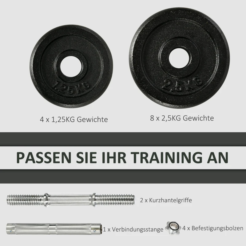 HOMCOM Hantelset 30 kg, Langhantel & Kurzhantel, 12 Hantelscheiben, für Krafttraining, Fitness, schwarz