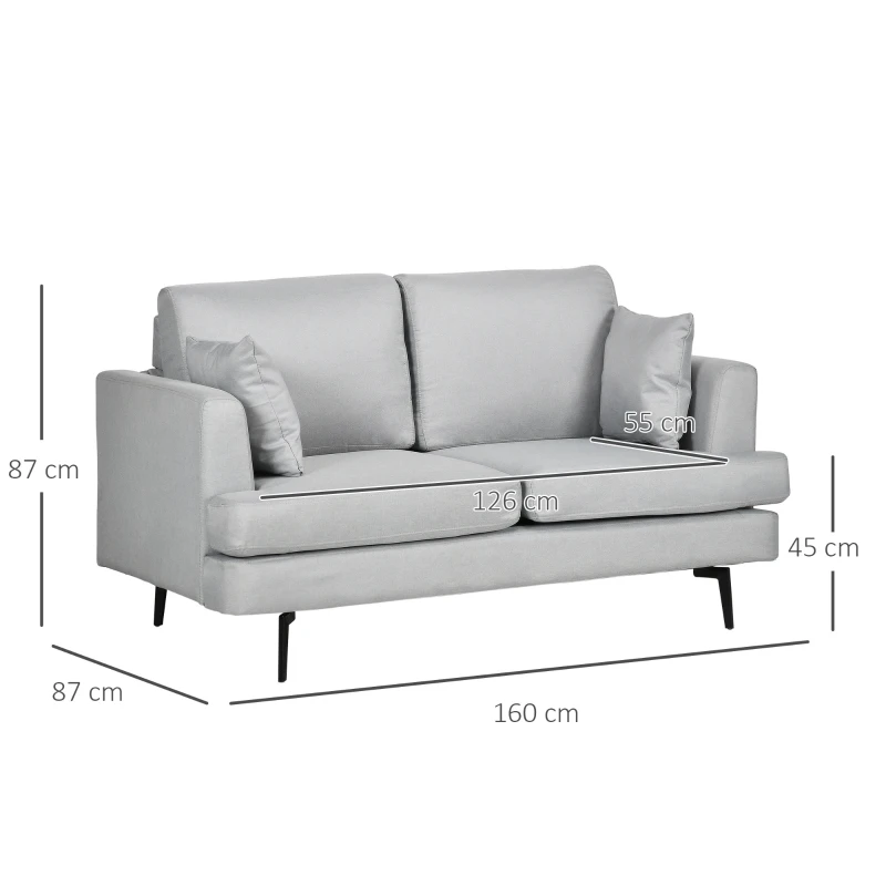 HOMCOM Sofá de 2 Plazas de Estilo Moderno Tapizado en Lino Sintético con 2 Cojines Decorativos 160x87x87 cm Gris Claro