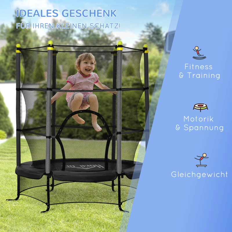 HOMCOM Kindertrampolin, mit Sicherheitsnetz, Randabdeckung, Stahlrahmen, bis 50 kg, 3-10 Jahre, schwarz, Ø160 x 163 cm