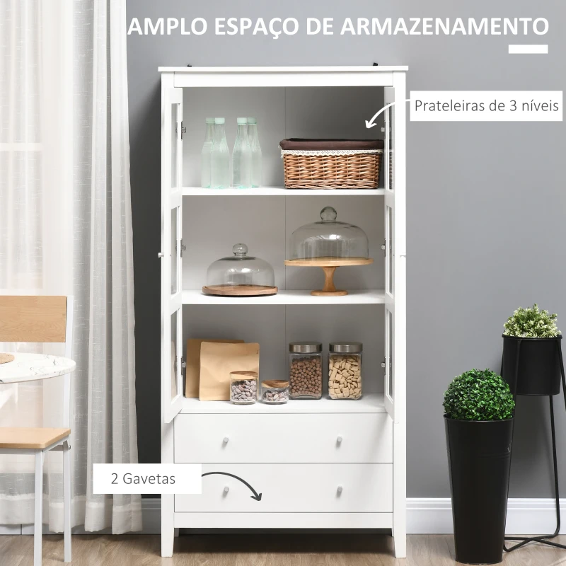 HOMCOM Vitrine de Sala de Estar Estante para Escritório com 2 Portas de Vidro Temperado 3 Prateleiras e 2 Gavetas 80x40x160 cm Branco