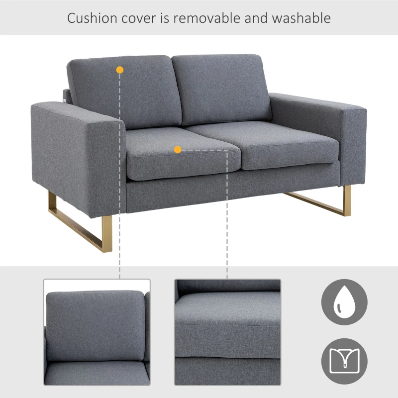 HOMCOM 2 Seater Sofas for Living Room, Fabric Couch, Love Seat with Cushions and Steel Legs, Grey