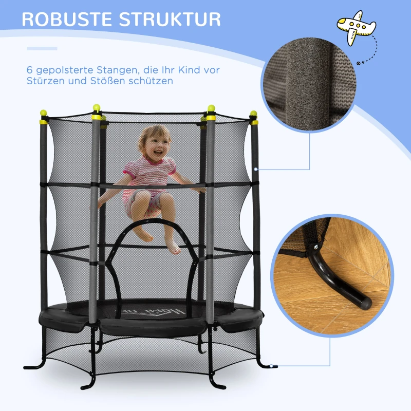 HOMCOM Kindertrampolin, mit Sicherheitsnetz, Randabdeckung, Stahlrahmen, bis 50 kg, 3-10 Jahre, schwarz, Ø160 x 163 cm