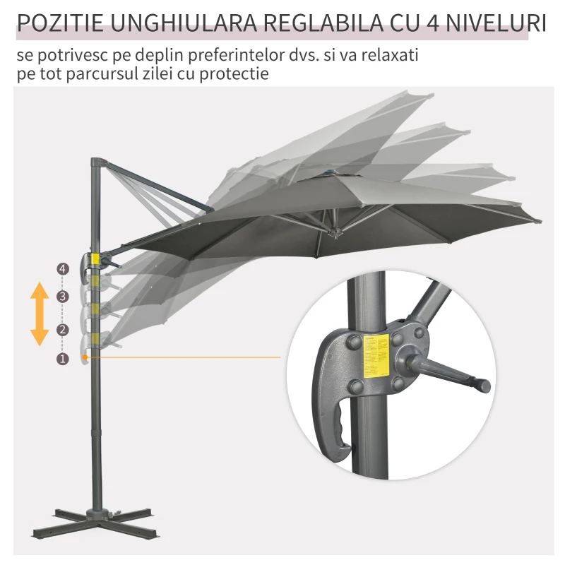 Outsunny Umbrela de Soare pentru Gradina Descentrata cu Inclinare Reglabila si Pivotanta la 360°, Ø294x248cm Gri