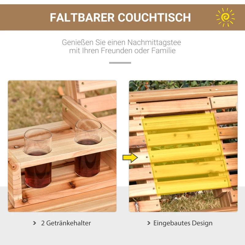 Outsunny Hängebank mit Klapptisch und Becherhaltern Naturholz 150 x 75 x 53cm