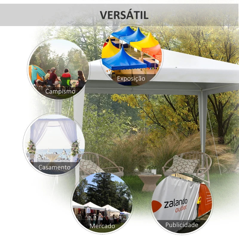 Outsunny Tenda de Jardim Desmontável Tenda para Exteriores com 4 Orifícios de Drenagem e Tubo de Aço 293x293x252 cm Branco