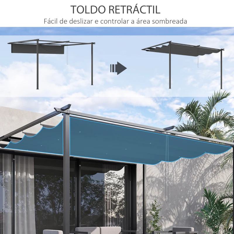 Outsunny Pérgola de Parede de Jardim com Teto Retrátil Tecido de Poliéster e Estrutura de Aço 3,9x2,9 m Cinza Escuro