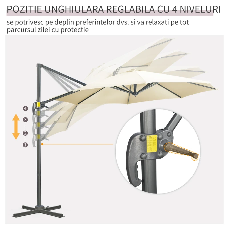 Outsunny Umbrela de Soare pentru Gradina Descentrata cu Inclinare Reglabila si Pivotanta la 360°, Ø293x248cm Alb Crem