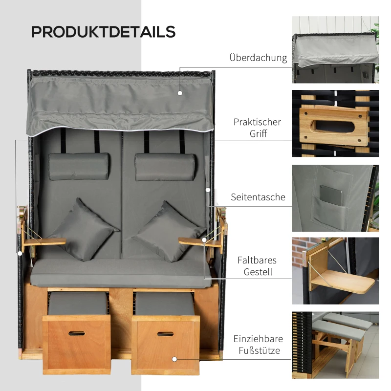 Outsunny Strandkorb für 2 Personen, inkl. Kissen, Nackenrolle und Fußstützen, wetterbeständig, hellgrau