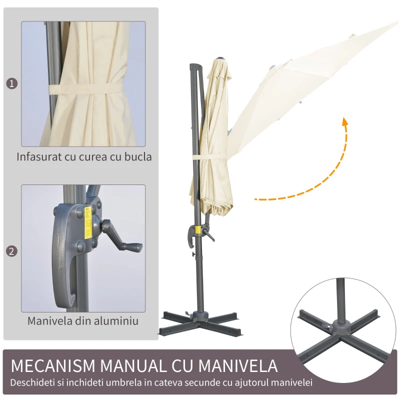 Outsunny Umbrela de Soare pentru Gradina Descentrata cu Inclinare Reglabila si Pivotanta la 360°, Ø293x248cm Alb Crem