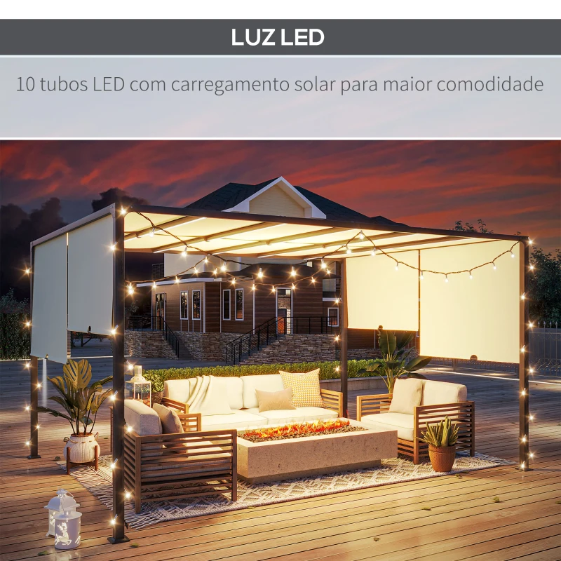 Outsunny Pérgola de Jardim 297x397x220 cm com Teto Retrátil Luzes LED Energia Solar e Estrutura de Aço para Pátio Exterior Creme