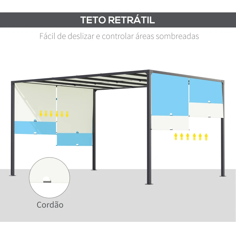 Outsunny Pérgola de Jardim 297x397x220 cm com Teto Retrátil Luzes LED Energia Solar e Estrutura de Aço para Pátio Exterior Creme