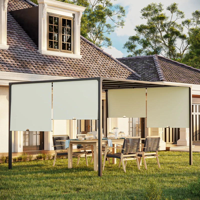 Outsunny Pérgola de Jardim 297x397x220 cm com Teto Retrátil Luzes LED Energia Solar e Estrutura de Aço para Pátio Exterior Creme