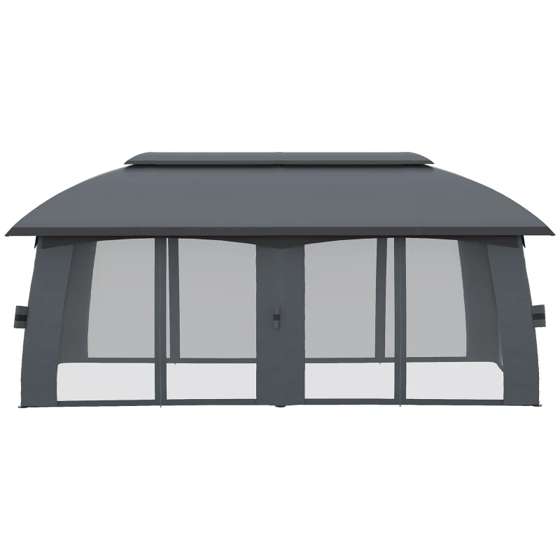 Outsunny Pérgola de Jardim 3x6m com Teto Duplo com 6 Telas Mosquiteiras Zíper e Estrutura de Metal Cinza Escuro