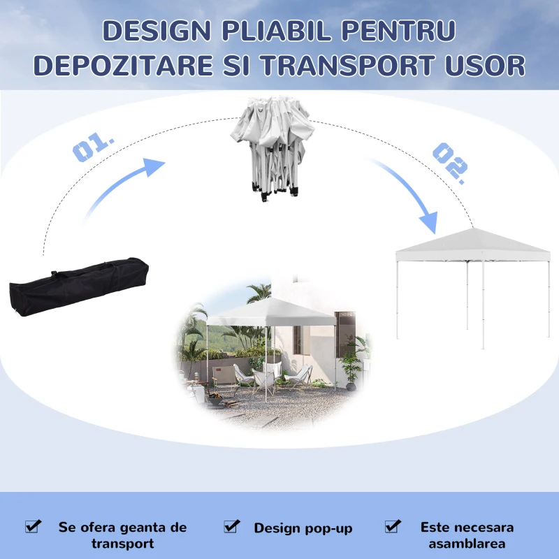 Outsunny Pop Up Foisor 2,45 x 2,45 m rezistent la apa cu franghii si cuie de otel si tesatura Oxford alba