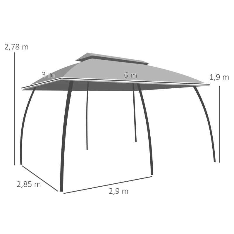Outsunny Pérgola de Jardim 3x6m com Teto Duplo com 6 Telas Mosquiteiras Zíper e Estrutura de Metal Cinza Escuro