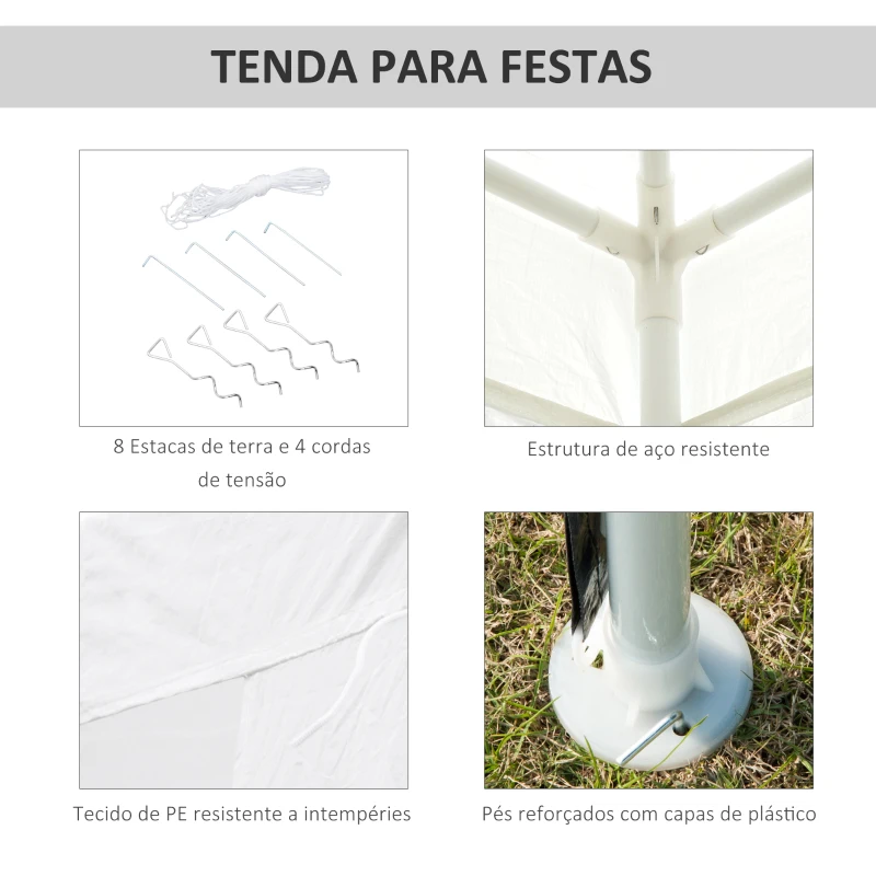 Outsunny Tenda de Jardim Desmontável Tenda para Exteriores com 4 Orifícios de Drenagem e Tubo de Aço 293x293x252 cm Branco