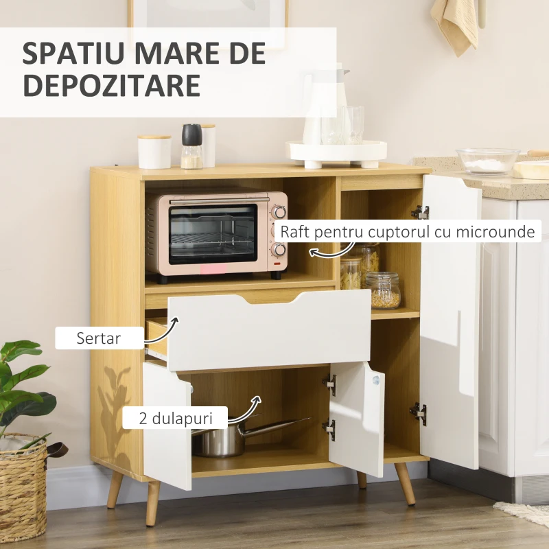 HOMCOM Dulap pentru Cuptor cu Microunde din PAL cu Raft deschis, doua Dulapioare si un Sertar, 90x40x98.5cm Alb si Lemn natur