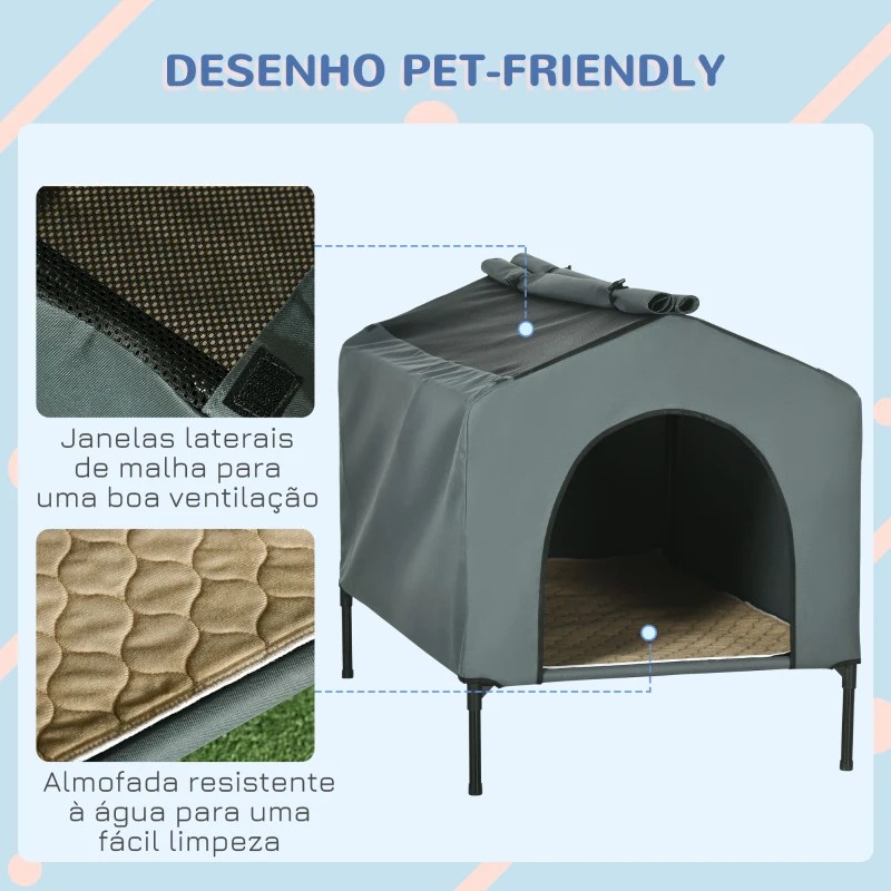 PawHut Casa para Cães com Cobertura Exterior Cama Elevada com Almofada Acolchoada e Janelas de Malha 110x75x87 cm Cinza