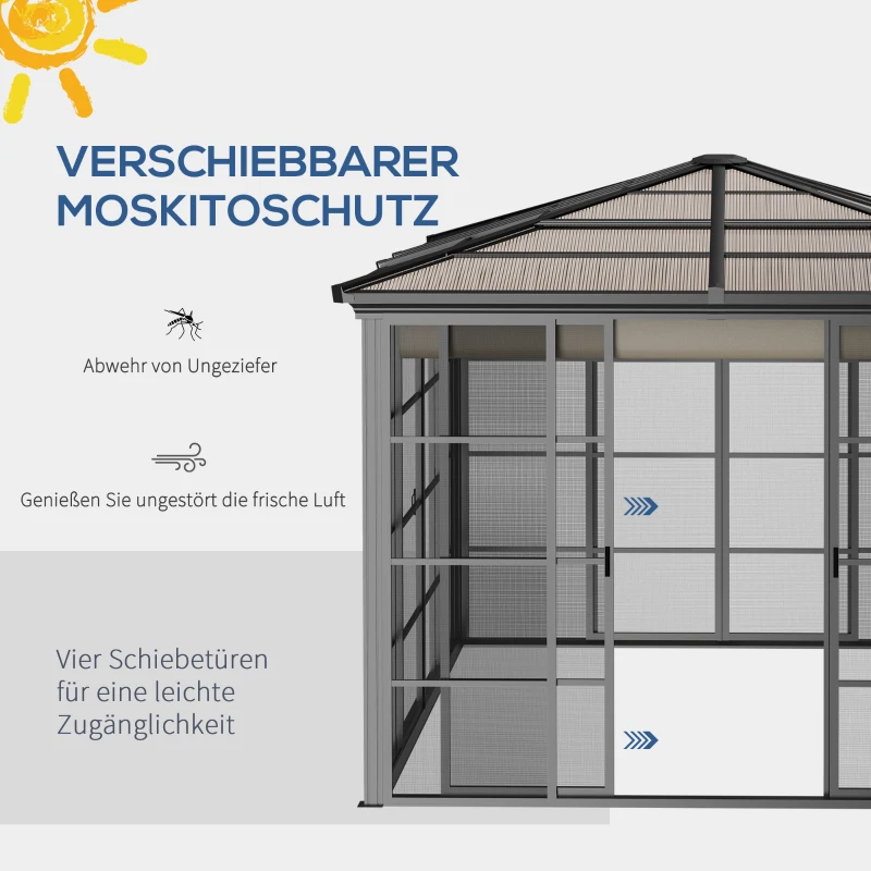 Outsunny Gartenpavillon mit Schiebedach, wetterbeständig, inkl. Moskitonetz, 365 cm x 300 cm x 262 cm, Schwarz + Khaki