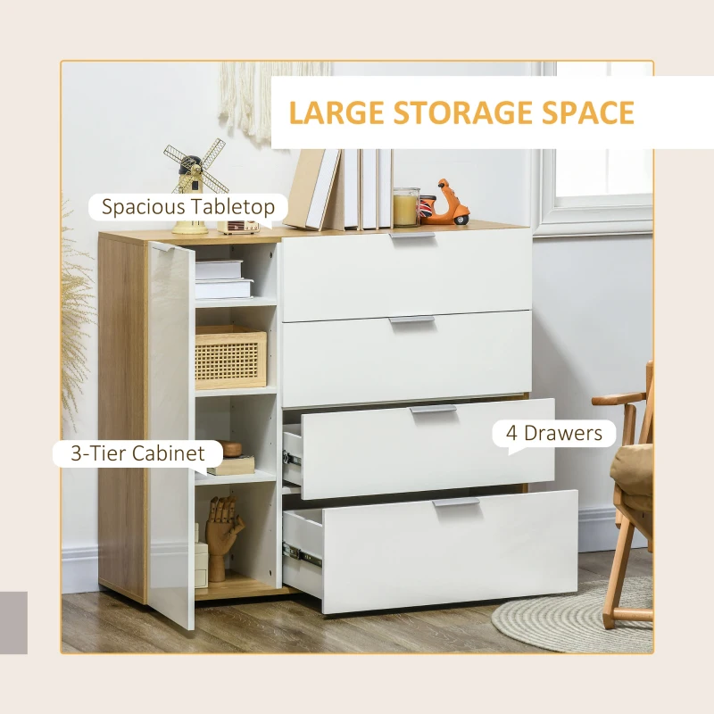 HOMCOM Dulap de Depozitare cu 4 Sertare, Dulap cu Usa si Rafturi Reglabile, Dulap de Depozitare cu Luciu Puternic pentru Camera de Zi, Camera de Luat Masa, Dormitor, Alb si Natur