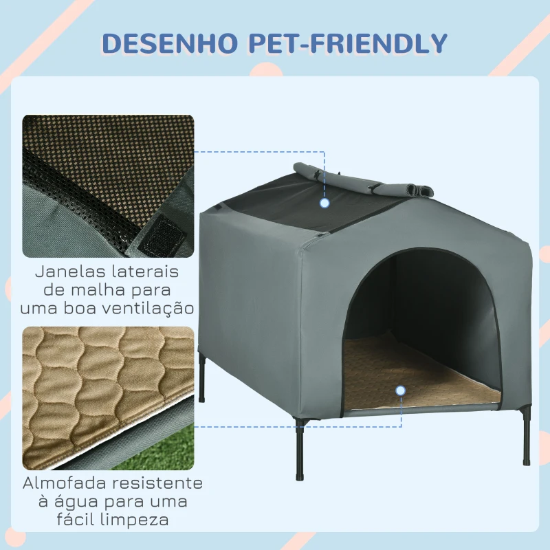PawHut Casa para Cães com Cobertura Exterior Cama Elevada com Almofada e Janelas de Malha 130x85x95 cm Cinza
