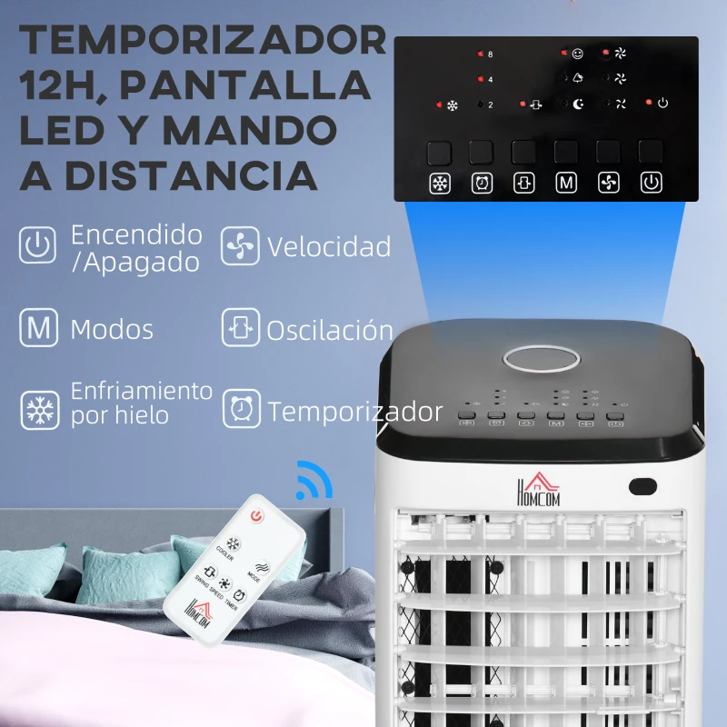 HOMCOM Climatizador Evaporativo 3,5L 3 en 1 Humidificador Ventilador 65W Pantalla LED 24,5x27x60 cm Blanco