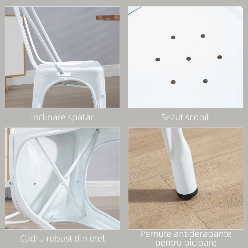 HOMCOM Set de 4 Scaune de Masa Industriale, Scaune de Bucatarie Industriale din Otel Stivuibile cu Spatar si Scaun Scobit pentru Camera de Zi, Camera de Luat Masa, Dormitor, Alb
