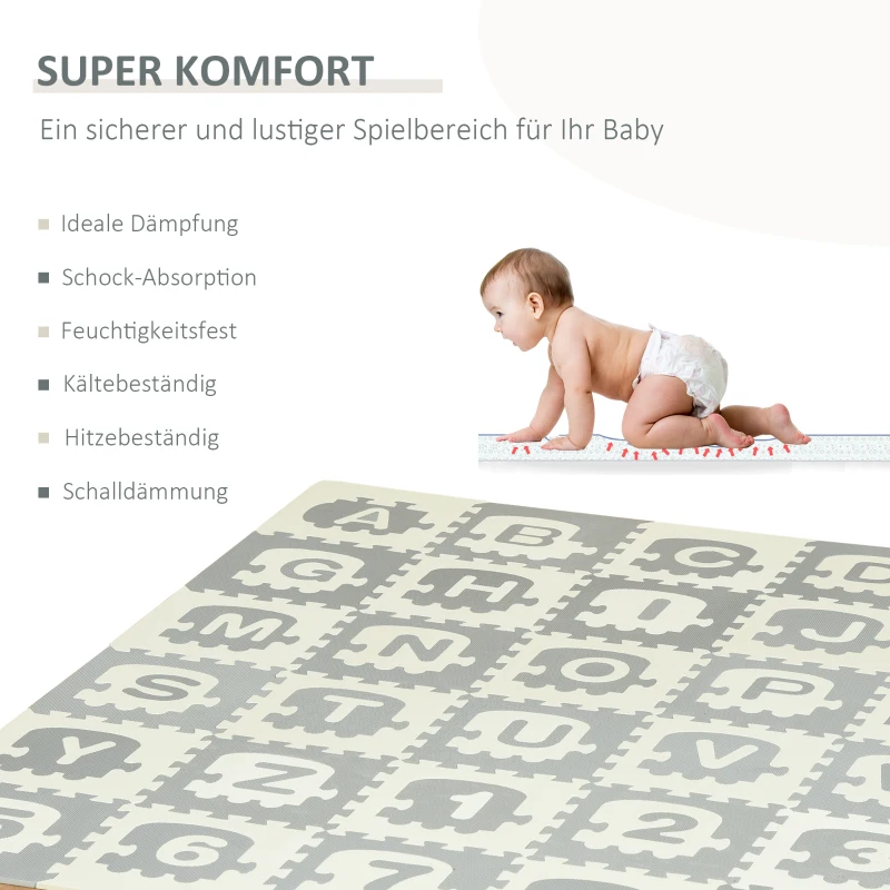 HOMCOM Kinder Puzzlematte 108 Stück Spielmatte Baby matte pädagogische Spielmatte mit rutschfest mit Buchstaben Zahlen und Abnehmbares internes Zugbild EVA 31,5 x 31,5 cm