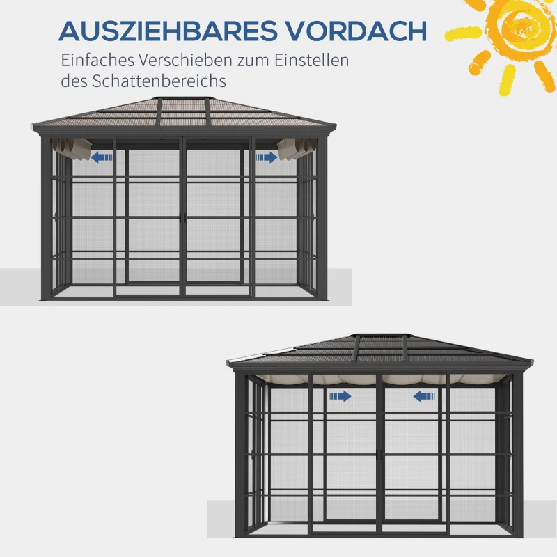 Outsunny Gartenpavillon mit Schiebedach, wetterbeständig, inkl. Moskitonetz, 365 cm x 300 cm x 262 cm, Schwarz + Khaki