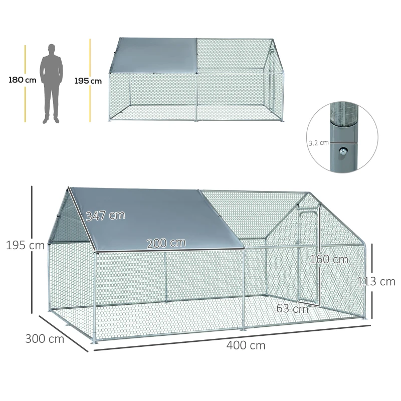 PawHut Galvanized Large Metal Chicken Coop Walk-in Enclosure with Cover 9.8'x13.1'x6.4(m-3)